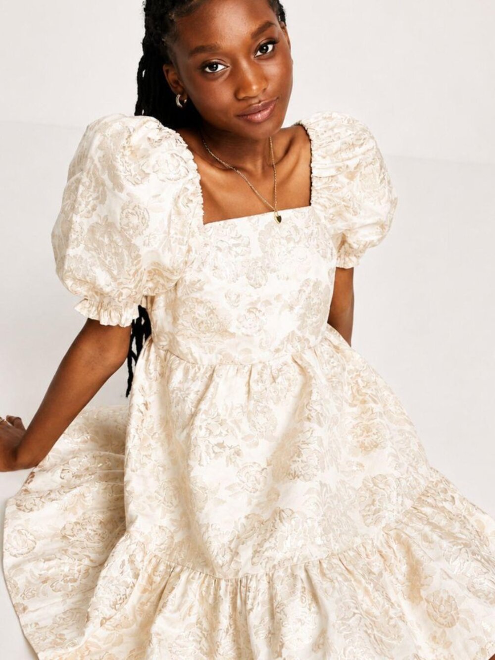 Miss Selfridge jacquard puff sleeve smock dress in gold